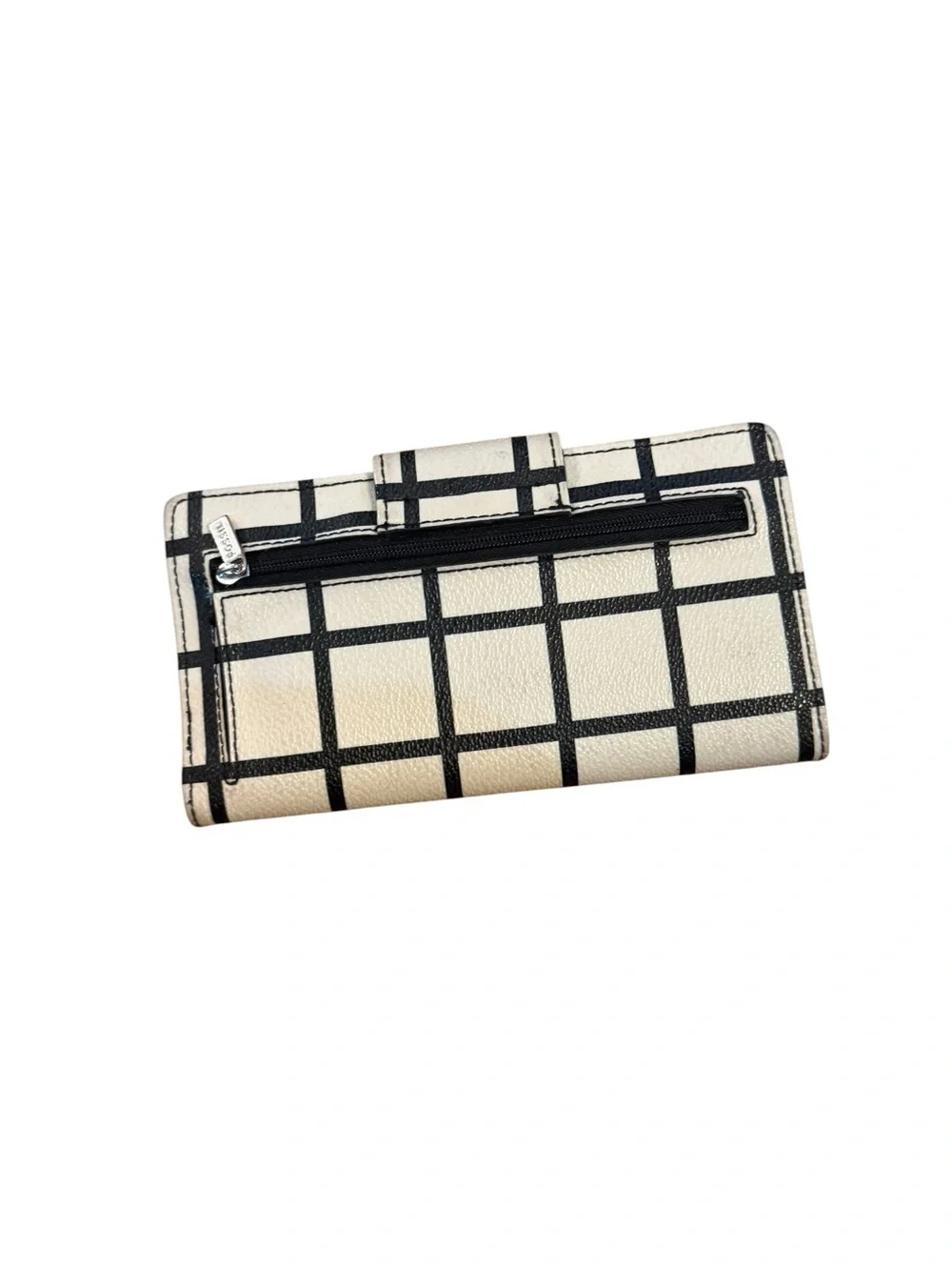 Fossil Check-Pattern Snap Wallet in Cream & Black